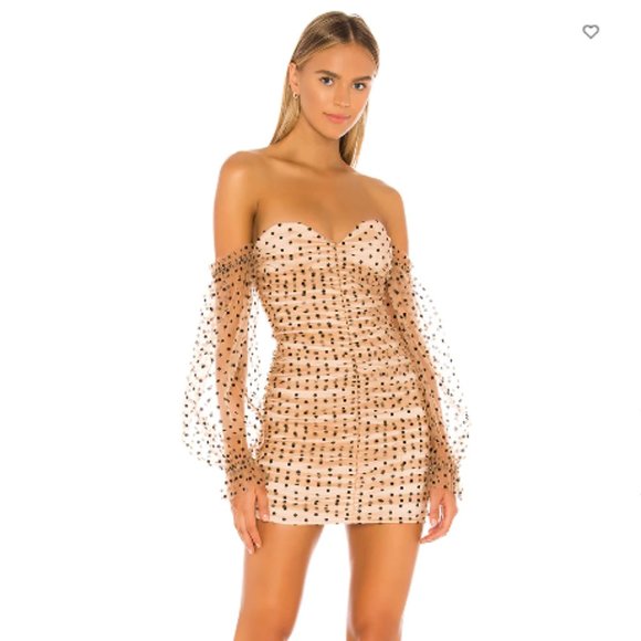 SECRETS DRESS IN DARK NUDE - MAJORELLE - Off the Shoulder Polka Dot Mini Dress - Picture 1 of 3